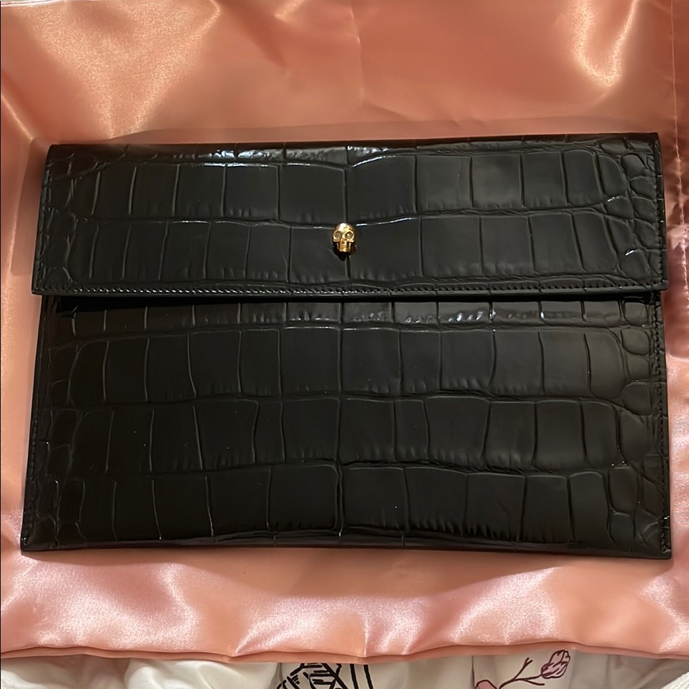 Black Croc Embossed Clutch with Skull Detail